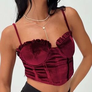 Red Velvet Corset Top Ruffle Trim Bustier Style Whimsigoth Vamp Sexy Women L‎